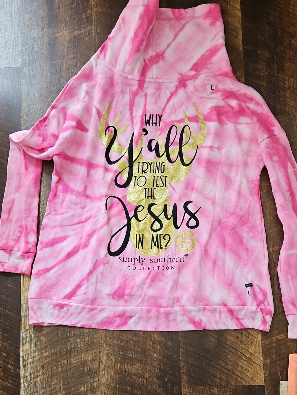 Simply Southern Pink Tie-Dye Pullover with Gold Deer Graphic